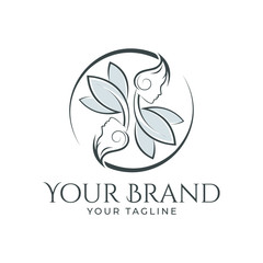 beautiful logo template of woman's face combined with leaf and flower upside down