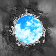 Сracked broken hole in concrete wall to cloudy sky