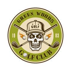 Golf club vector round emblem with skull in hat