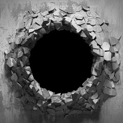 Dark cracked broken hole in concrete wall. Grunge background