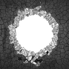 Dark cracked broken hole in concrete wall. Grunge background