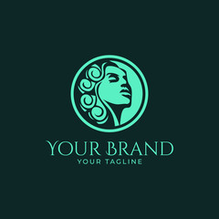 beautifyl logo template of luxury woman's face with curly hair in round shape