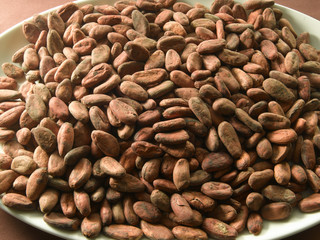 cacao semillas en plato, de cerca. cacao nibs on plate, close up.