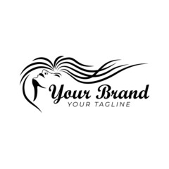 logo template of woman's face and waving long hair in black and white color
