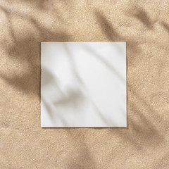 Fototapeta premium Summer beach day scene with tropical palms shadow on sand background with paper frame copy space. Minimal sunlight tropical flat lay arrangement.