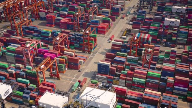 sunny day hong kong city port container terminal aerial topdown panorama 4k  