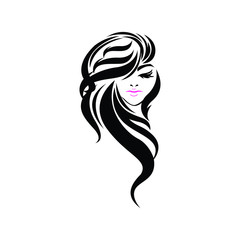 logo template of woman's face and waving long hair in black and white color