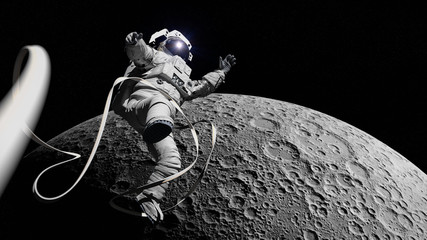 astronaut performing a space walk in Moon orbit © dottedyeti