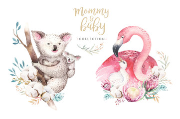 Watercolor cute cartoon illustration with cute mommy flamingo and baby, flower leaves. koala Mother and baby illustration bird design. Tropical mom bird