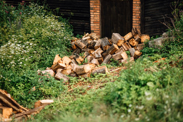 Firewood stacked on the grass. Firewood on background of green grass