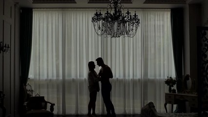 Silhouette of a semi-nude couple in the bedroom against the background of a large window, they stand hugging and kissing. Slow motion. Lovers in the bedroom are against a huge window and hugging.