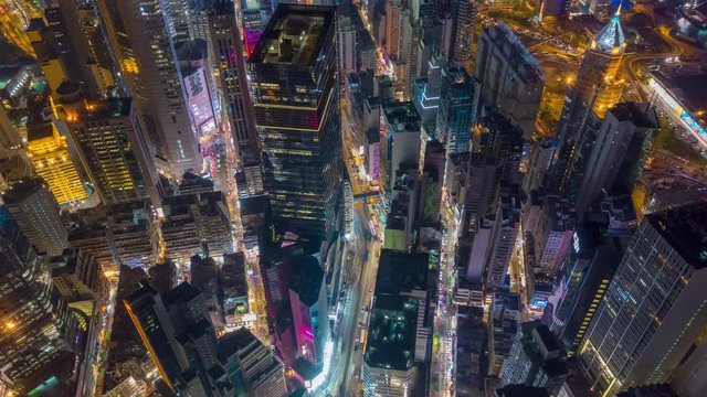 night illumination flight over hong kong city downtown traffic aerial topdown panorama 4k timelapse 