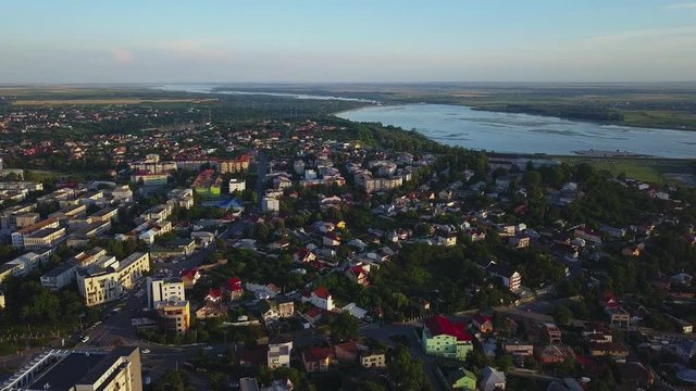 Aerial view of Slatina, Romania. Drone flight over the european city at sunset