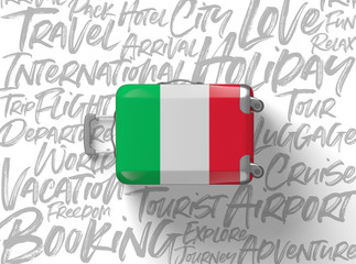 Italy flag suitcase travel background. 3D Render