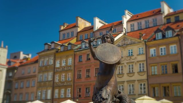 Old Town Warsaw, Iconic Mermaid statue filmed in 4K RAW
