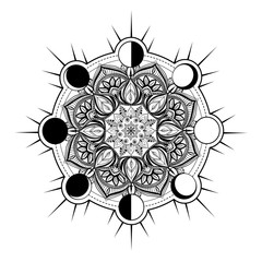 Fototapeta premium Circular pattern in form of mandala for Henna, Mehndi, tattoo, decoration. Decorative ornament in oriental style with Religious Islamic symbol of Star and Crescent. Coloring book page.