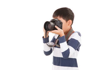 Asian boy with Camera Isolated on white background. Shooting Pose.