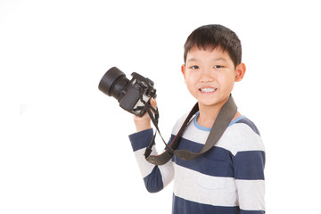 Asian boy with Camera Isolated on white background. Showing Camera Pose.