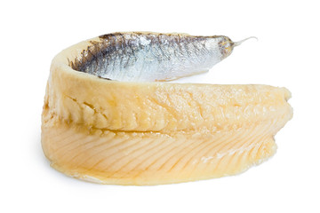A single piece of anchovy fillet isolated on white.