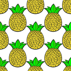 Pineapples , Tropical With White Background. Seamless Vector Pattern.