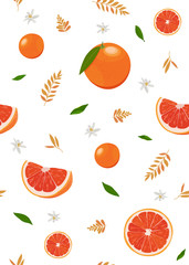 Orange fruits and slice seamless pattern with cute leaves on white background. Grapefruit citrus fruit vector illustration.