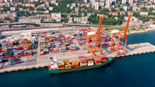 RIJEKA, CROATIA - MAY, 2019: Aerial view drone shot of Rijeka city port on Adriatic Sea shore.