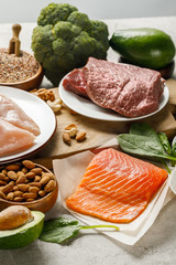 fresh raw salmon, chicken breasts and meat near nuts, broccoli and avocado, ketogenic diet menu