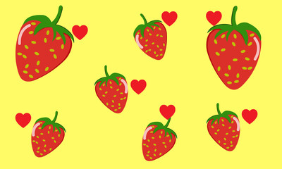 Strawberry Pattern and Red heart with isolated yellow background