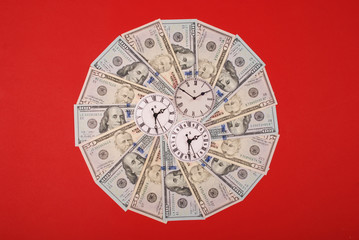 Concept of clock and dollar. Clock on mandala kaleidoscope from money. Abstract money background...