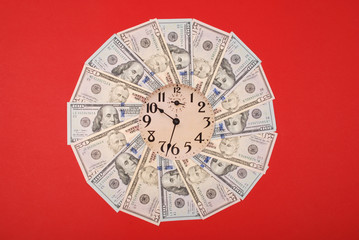 Concept of clock and dollar. Clock on mandala kaleidoscope from money. Abstract money background...