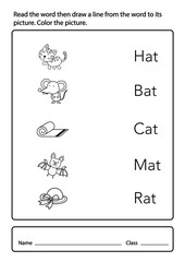 Read the word then draw a line from the word to its picture. Color the picture.illustration,vector