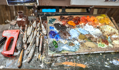 Palette of paints in a school