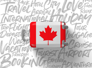 Canada flag suitcase travel background. 3D Render