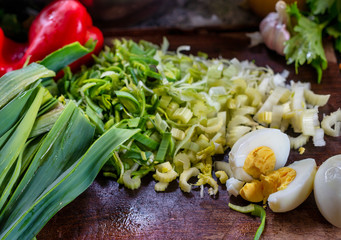 Preparation of various vegetables for cooking. View 2