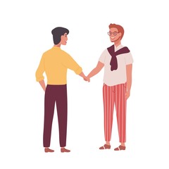 Pair of smiling men, businessmen or office workers shaking hands isolated on white background. Business meeting, deal or agreement, partnership or cooperation. Flat cartoon vector illustration.