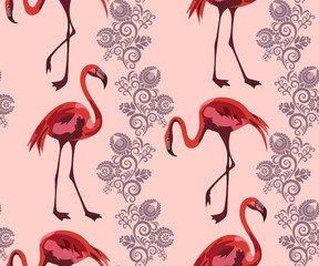 Fototapeta premium Tropical wildlife, flamingo seamless pattern. Hand Drawn jungle nature, flowers illustration. Print for textile, cloth, wallpaper, scrapbooking