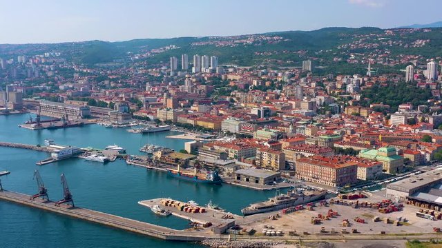 RIJEKA, CROATIA - MAY, 2019: Aerial view drone shot of Rijeka city on Adriatic Sea shore. City from above.