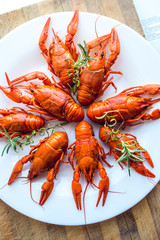 boiled crawfish on white plate