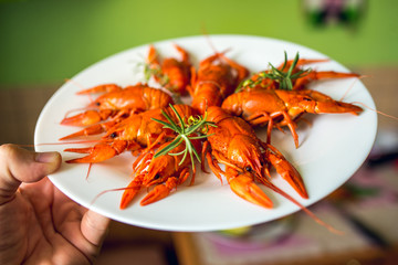 red fragrant boiled crayfish on a plate