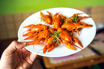 red fragrant boiled crayfish on a plate