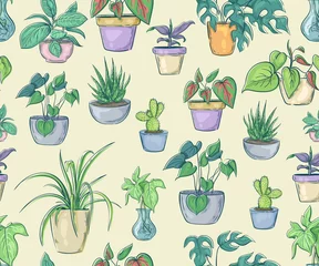 Door stickers Plants in pots Seamless pattern with home plants in pots