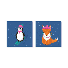 Set of cute Christmas gift cards with animals. Invitation for  Merry Christmas. merry and bright, warm wishes, magic moments. Easy editable template. Vector.