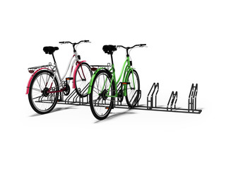 Obraz premium Bicycle parking for ten hairpans with parked two hair boxes 3D render on white background with shadow