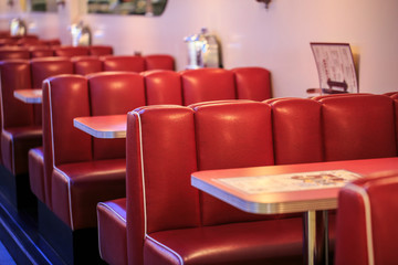 Red seats in a american restaurant