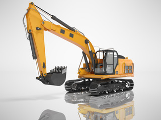 Construction equipment one bucket excavator with hydraulic mechpatoy on metal driven tracked 3d render on gray background with shadow © Oleh