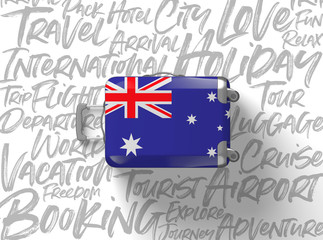 Obraz na płótnie Canvas Australia flag suitcase travel background. 3D Render