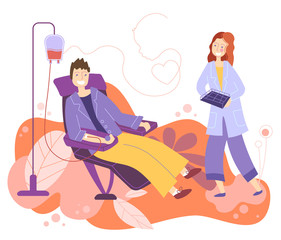 Man receiving a blood transfusion in a hospital with a young female nurse in attendance in a healthcare or donate blood concept, colorful flat cartoon vector illustration