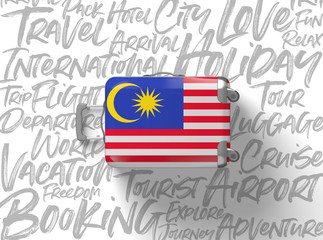 Malaysia flag suitcase travel background. 3D Render
