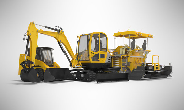 Yellow group of heavy machinery excavator mini paver loader 3d illustration on gray background with shadow