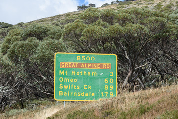 Great Alpine Road sign in the alpine area of the high country near Mt Hotham in Victoria Australia